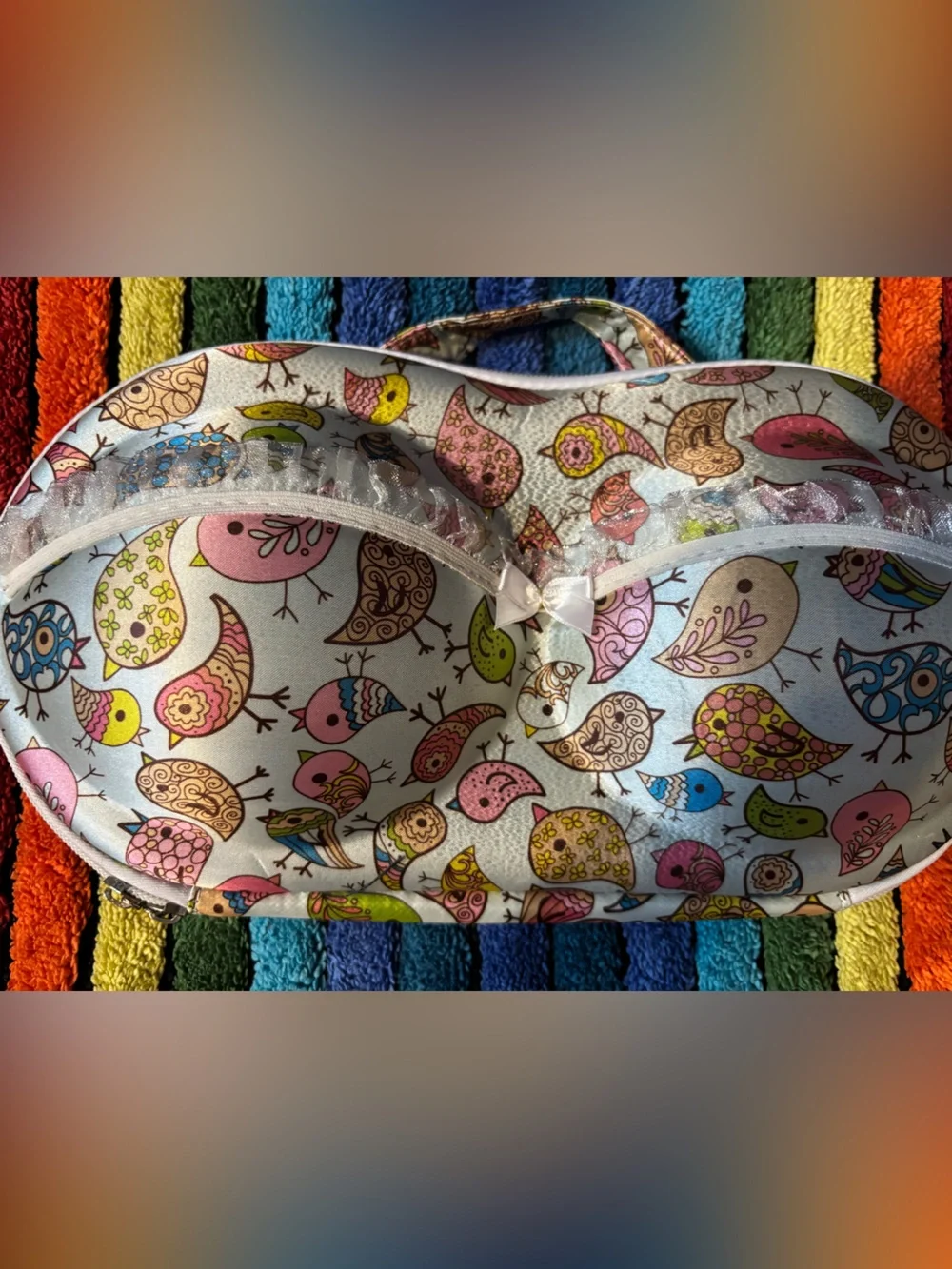 Bird-Print Bra Travel Case - Pink, Blue, Green, Yellow